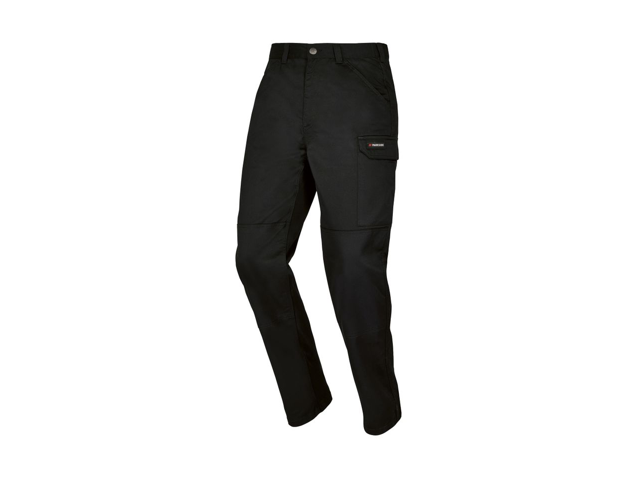 Black work trousers with a cargo pocket featuring the Parkside logo.