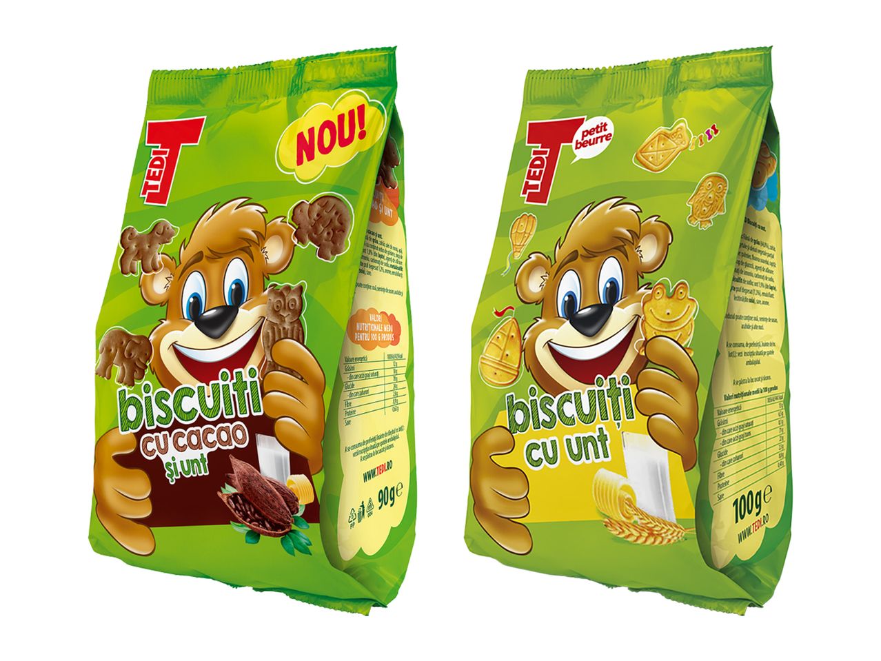 Două pungi de cereale pentru micul dejun Tuc Tuc, una cu ciocolată, alta cu miere.