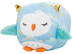 Blue owl plush toy with gold ears, closed eyes, and a starry cloud pattern.