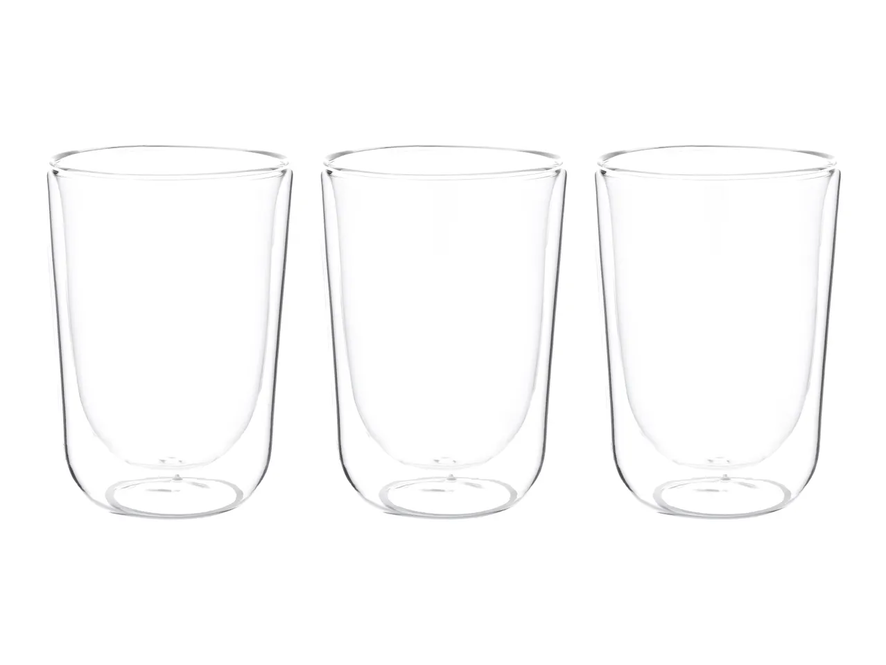 Three clear double-walled glasses on a white background.
