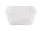 A clear, square plastic food container.