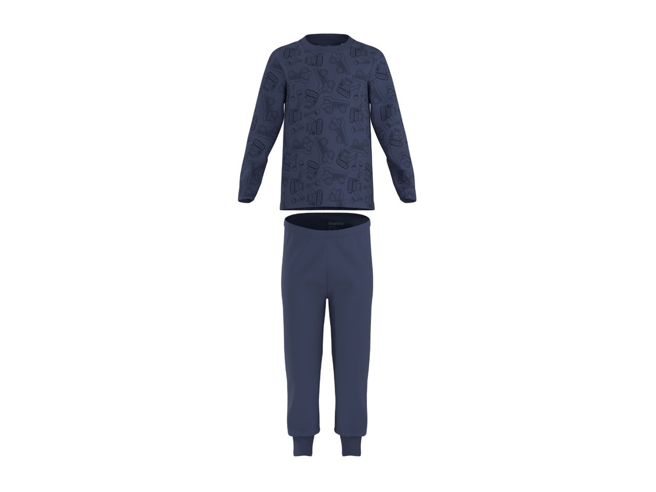 Kids' blue long-sleeve top with construction vehicle print and matching blue sweatpants.