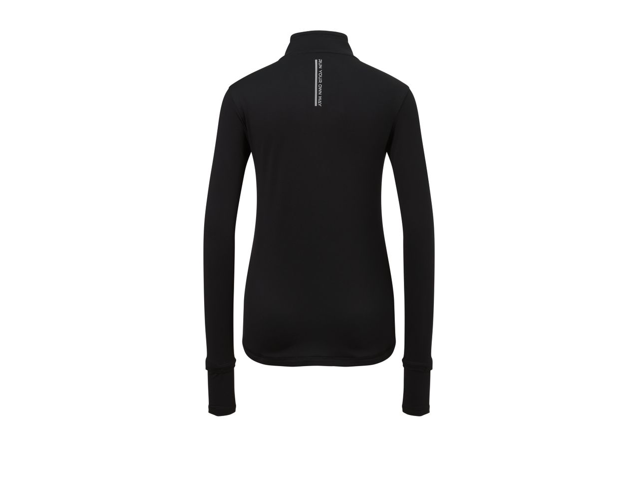 Black long-sleeved running top with 'RUN YOUR OWN WAY' text on the back