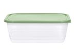 Rectangular clear food storage container with a light green lid
