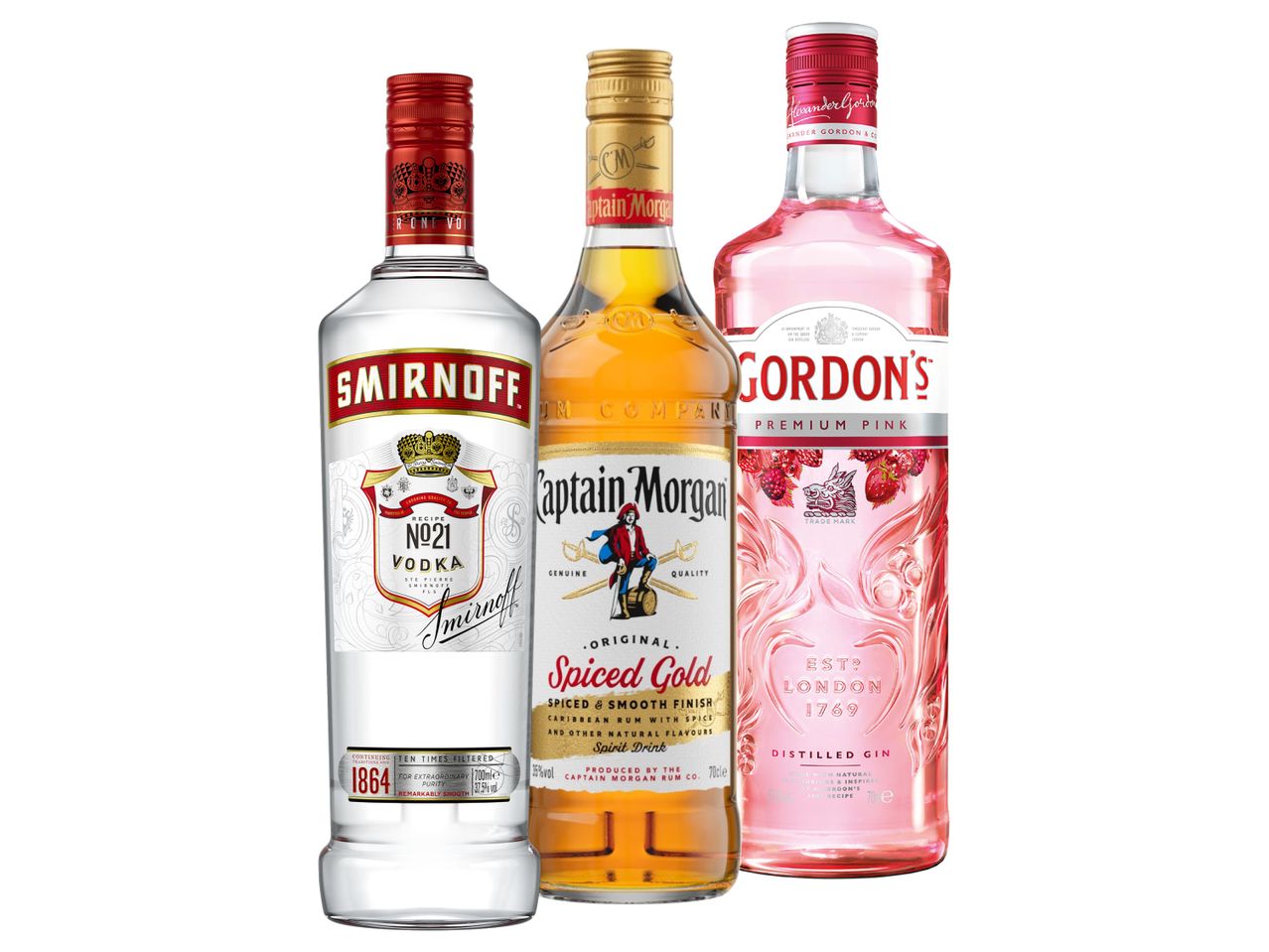 Smirnoff vodka, Captain Morgan spiced rum, a Gordon's Premium Pink gin.