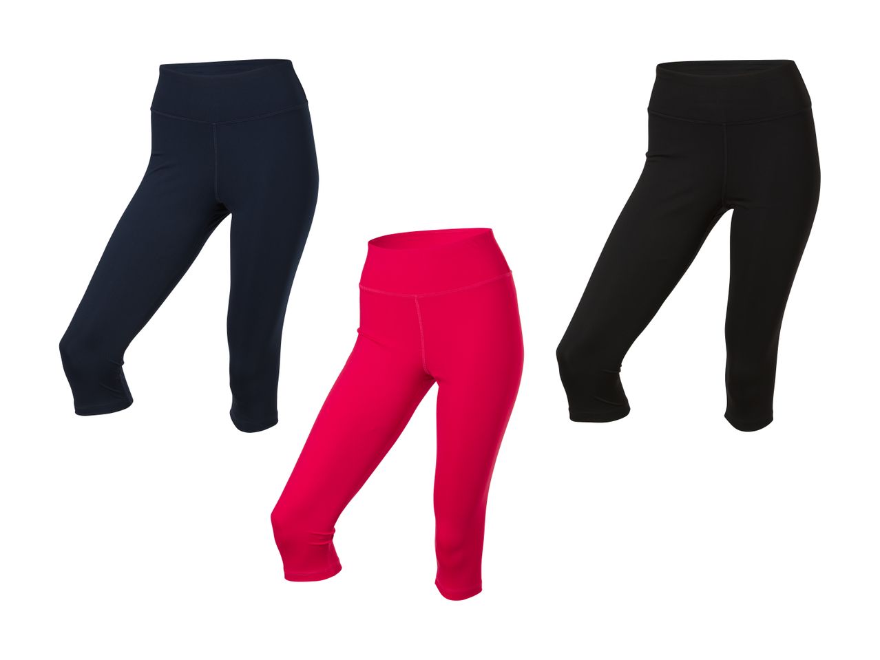 Tre par capri-leggings i sort, mørkeblå og pink.
