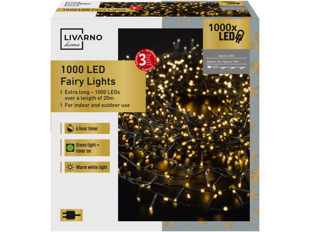 LIVARNO home 1000 LED Fairy Lights with 6-hour timer and warm white light.