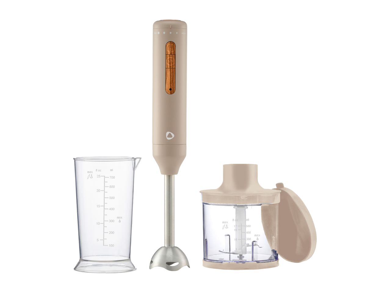 Beige immersion blender set with a measuring cup and a food chopper attachment.