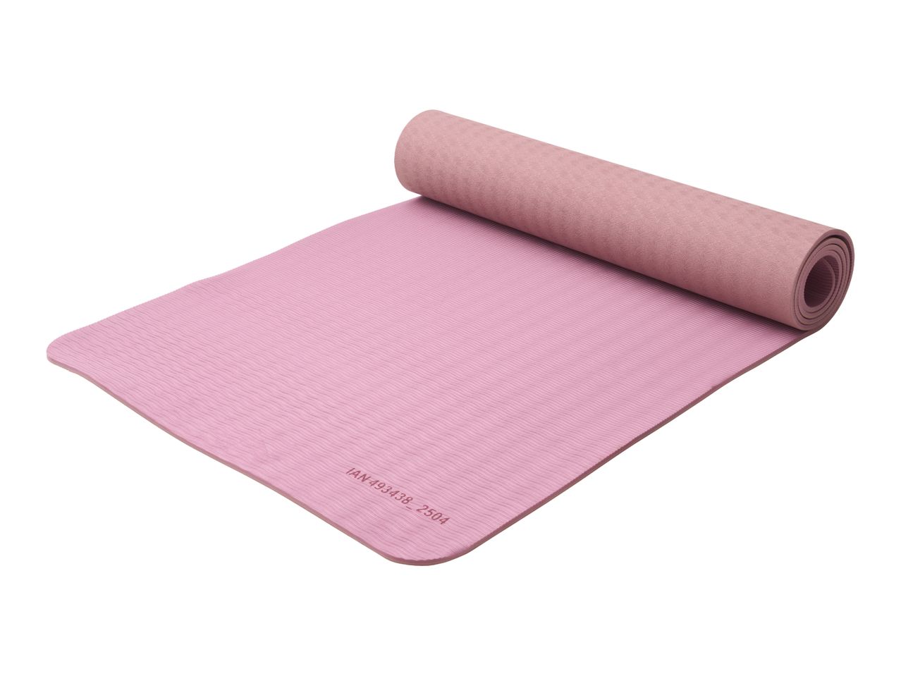 Pink yoga mat, partially rolled up, with a textured surface and product code IAN 493438_2504.