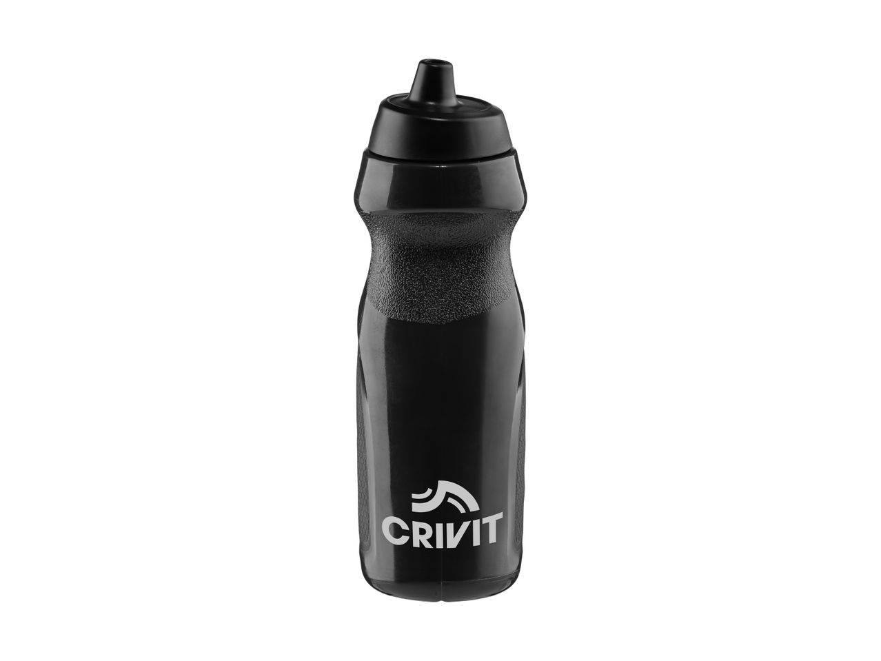 Black sports water bottle with a textured grip and a white logo.
