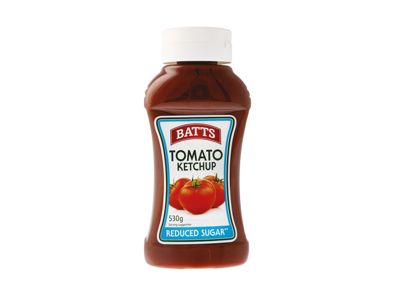 Tomato ketchup bottle with a white cap, featuring a label with tomatoes and text 'Reduced Sugar'.