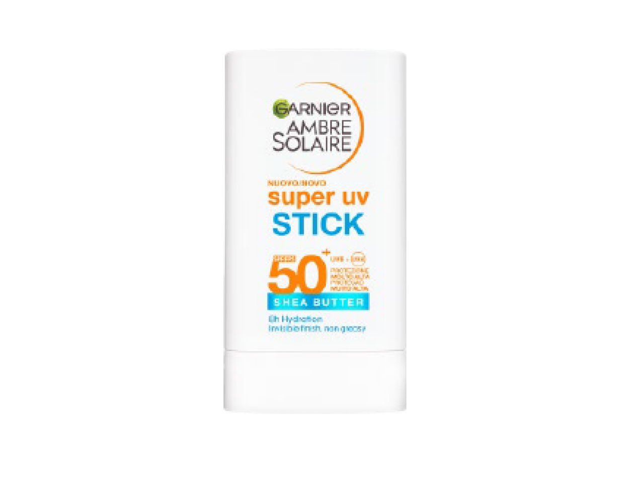 Protetor solar em stick com FPS 50 e manteiga de karité para hidratação.