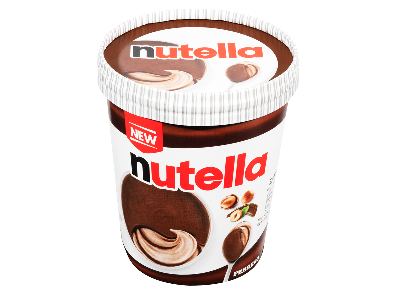 Egy új Nutella üveg fehér tetővel és piros felirattal látható.