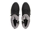 Pair of black winter boots with faux fur lining and white soles