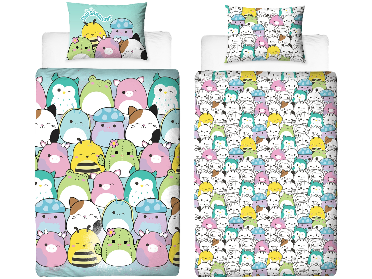 Dečija dvostrana posteljina sa šarenim likovima Squishmallows-a na svetloplavoj pozadini.