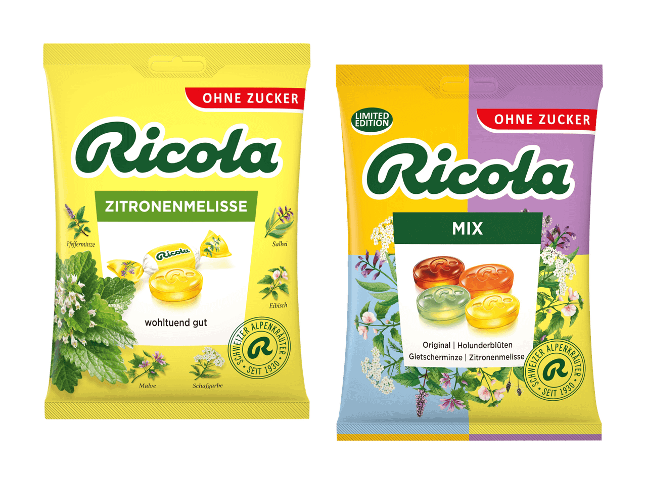 Zwei Packungen Ricola Kräuterbonbons, zuckerfrei, in den Sorten Zitronenmelisse und Mix.
