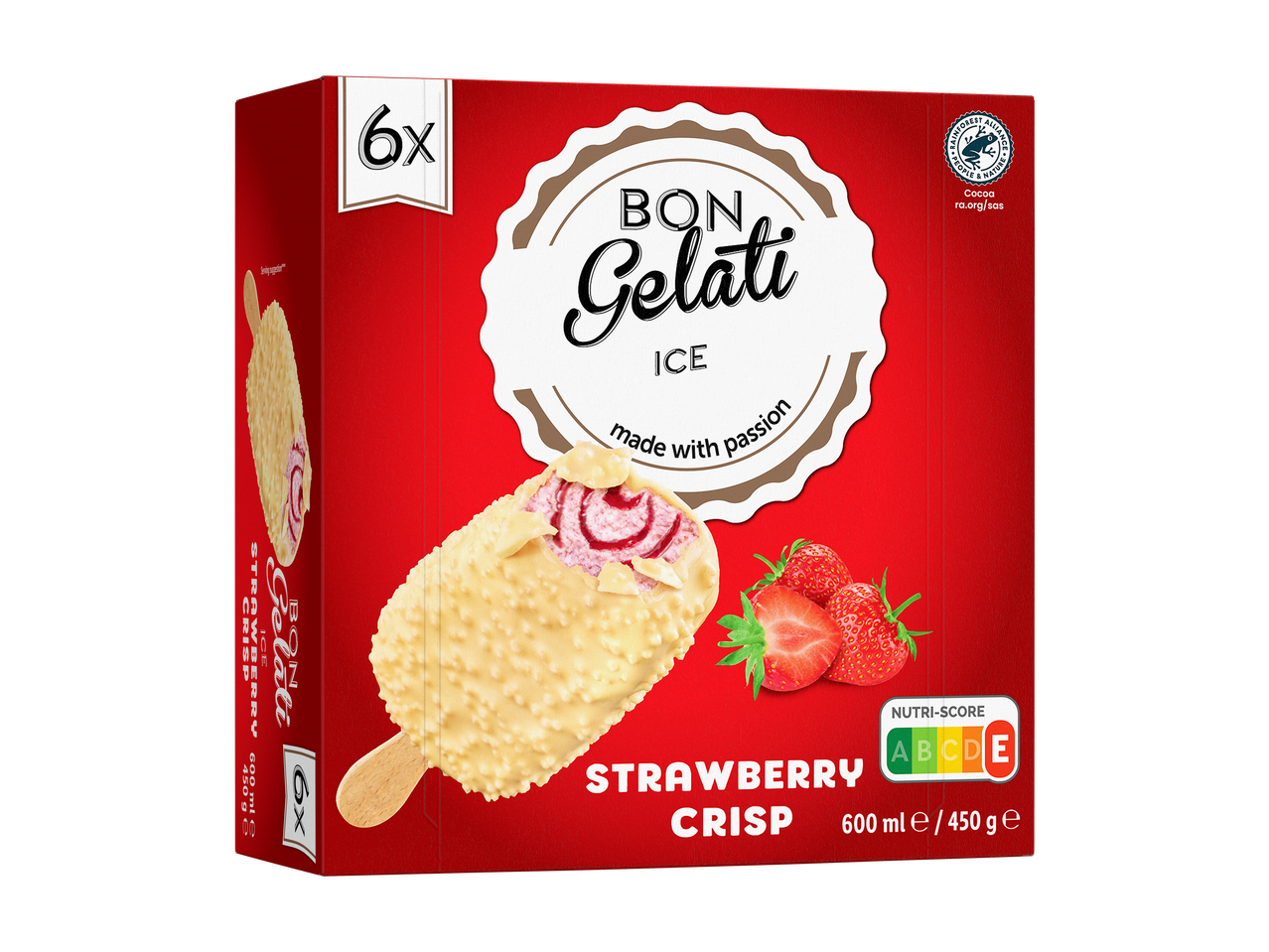 Caixa vermelha com 6 gelados crocantes de morango, com classificação Nutri-Score A.
