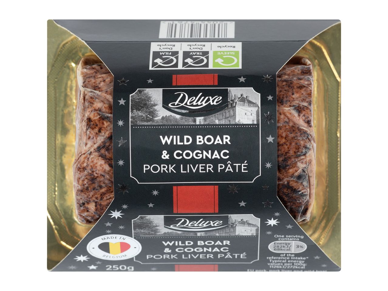 Wild boar and cognac pork liver pâté in a black and gold package, 250g.