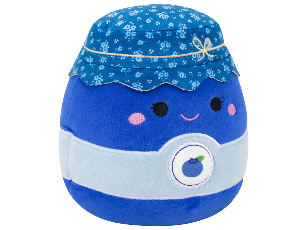 Peluche en forme de pot de confiture de myrtilles avec un visage souriant.