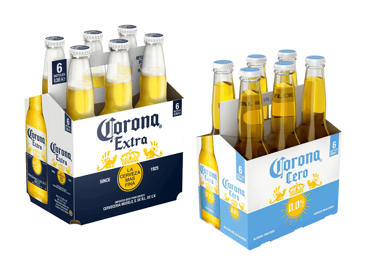 Zwei 6er-Packs Corona Extra und Corona Cero Bierflaschen.