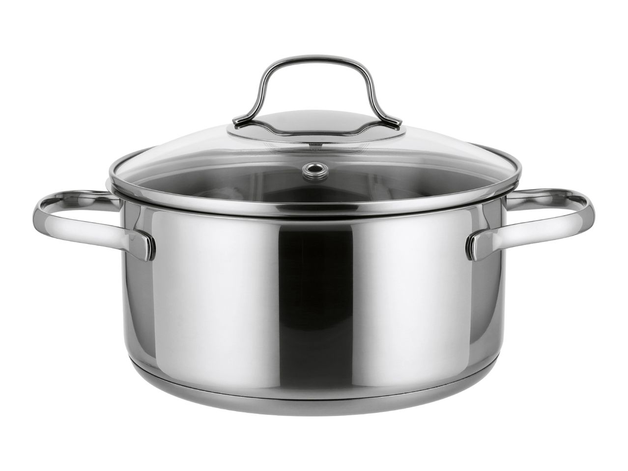 Stainless steel cooking pot with a glass lid and two handles on a white background.
