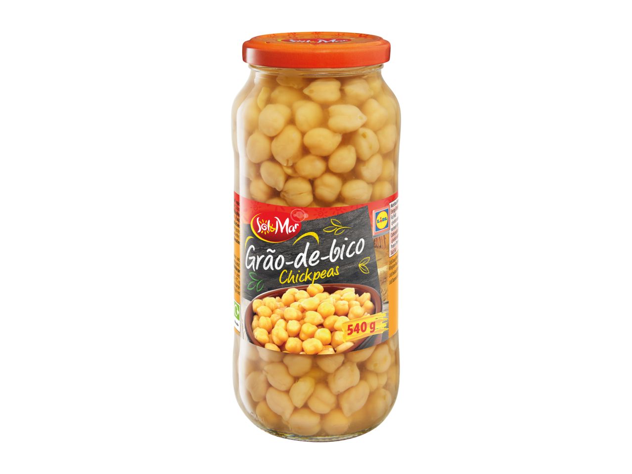 A glass jar of Sol & Mar chickpeas, labeled 'Grão-de-bico Chickpeas' with a 540g weight.