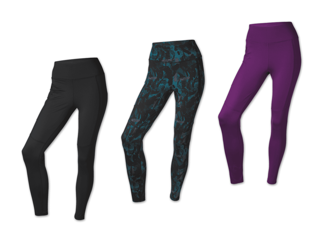 Drei Leggings: eine schwarze, eine gemusterte in Schwarz und Türkis, und eine violette.