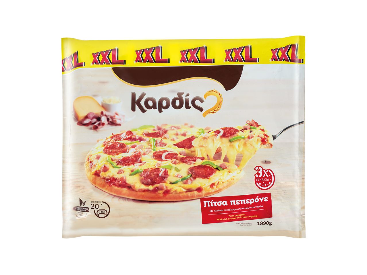 Καππάρις XXL πίτσα πεπερόνι με πλούσια επικάλυψη αλλαντικών και τυριών.