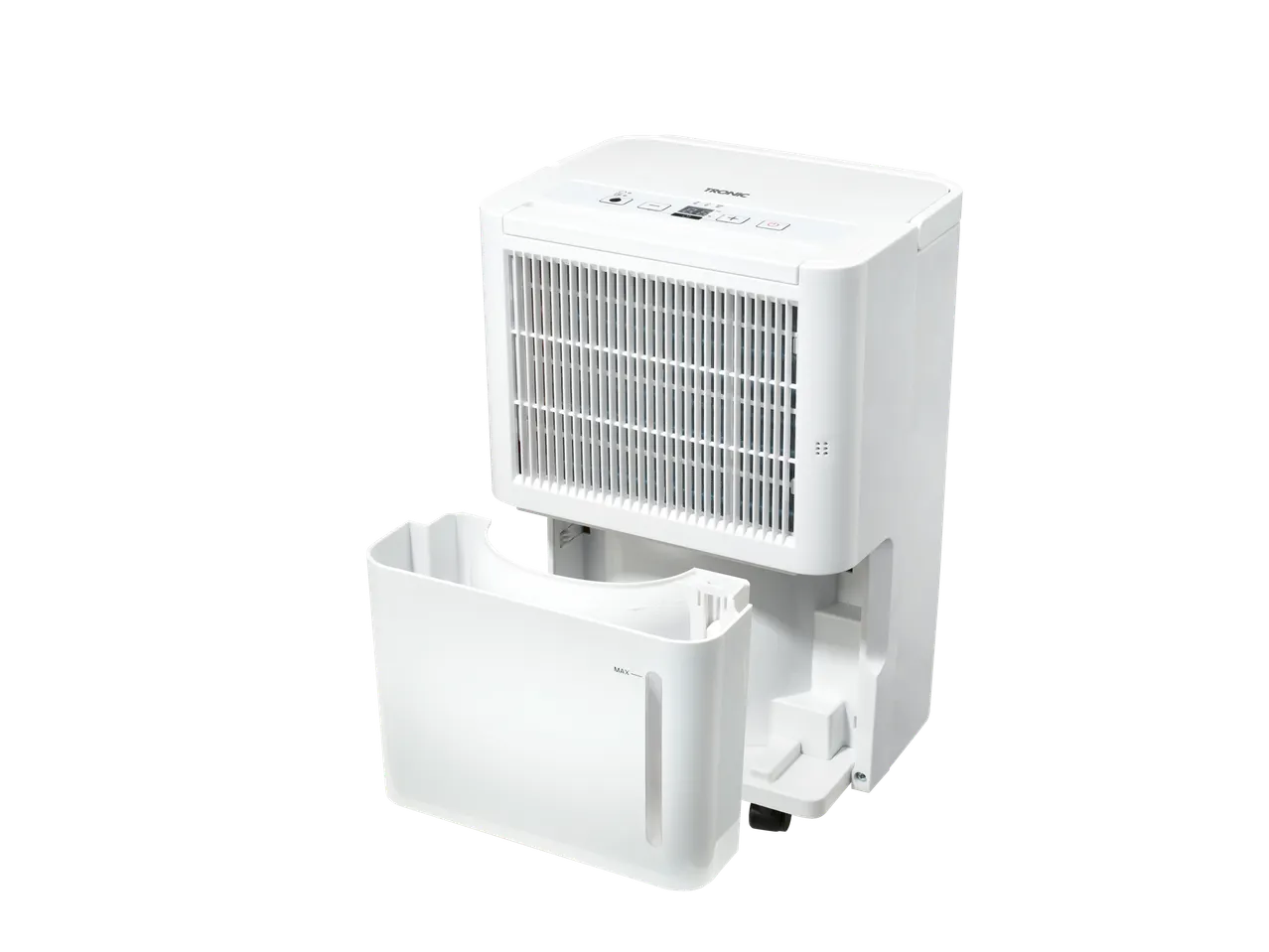 A white TRONIC® dehumidifier with its water tank pulled out.