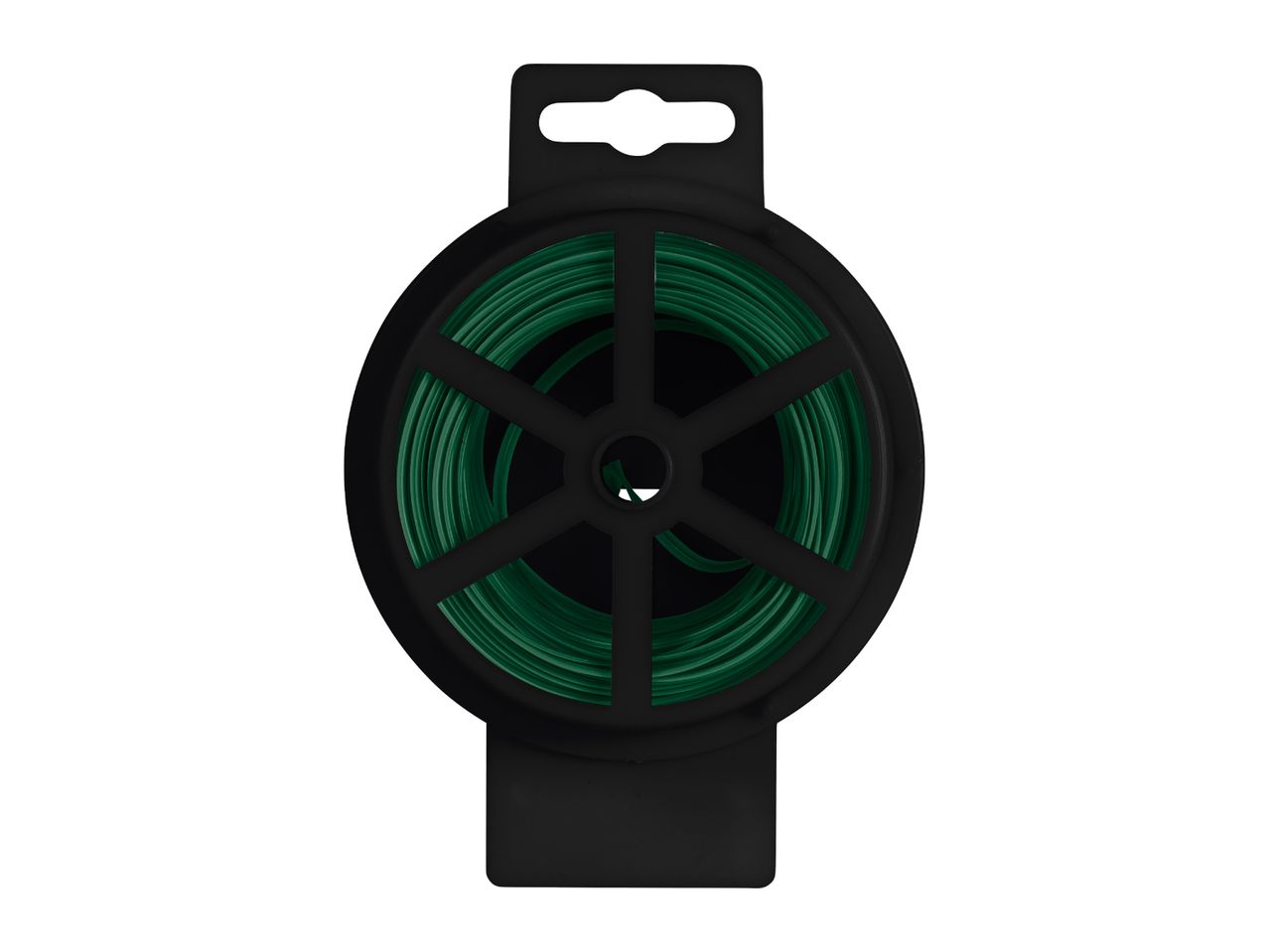 Green garden wire on a black dispenser, ideal for tying plants and general garden use.