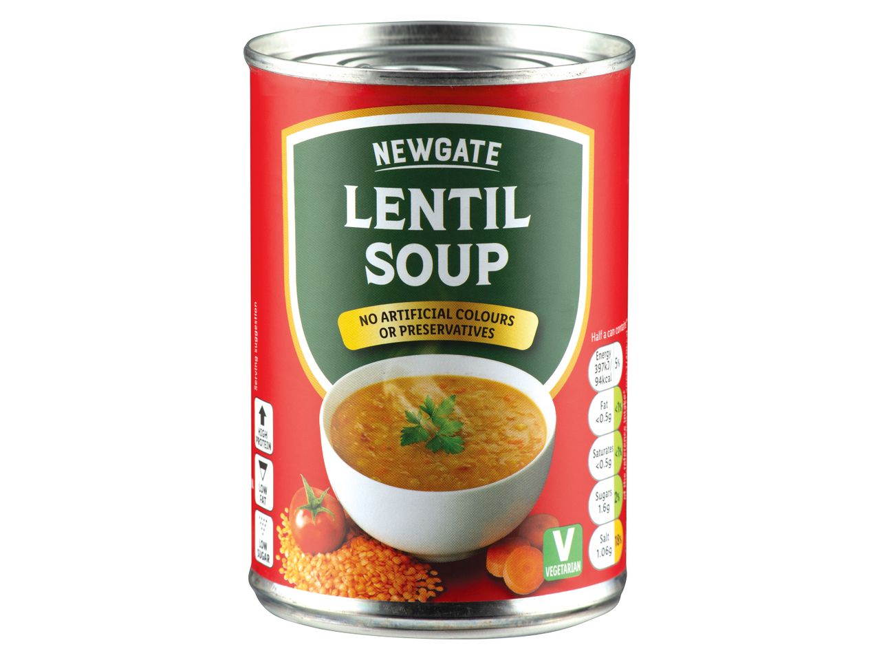 Newgate lentil soup can: vegetarian, no artificial colours or preservatives.