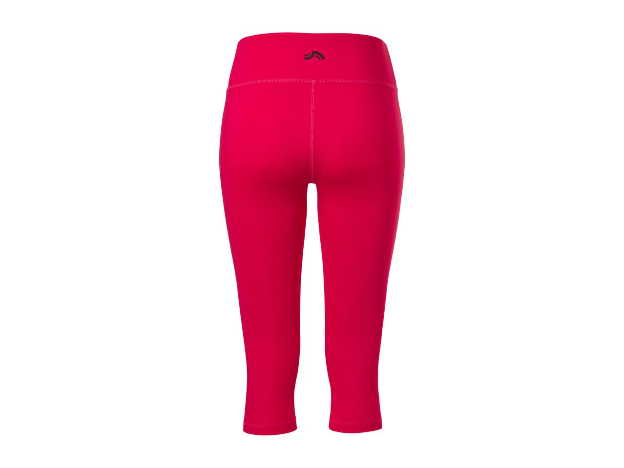 Back view of a pair of bright pink capri leggings with a small black logo on the waistband.