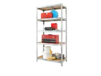 A metal shelving unit holds various tools and supplies, including paint buckets, a toolbox, and fuel containers.