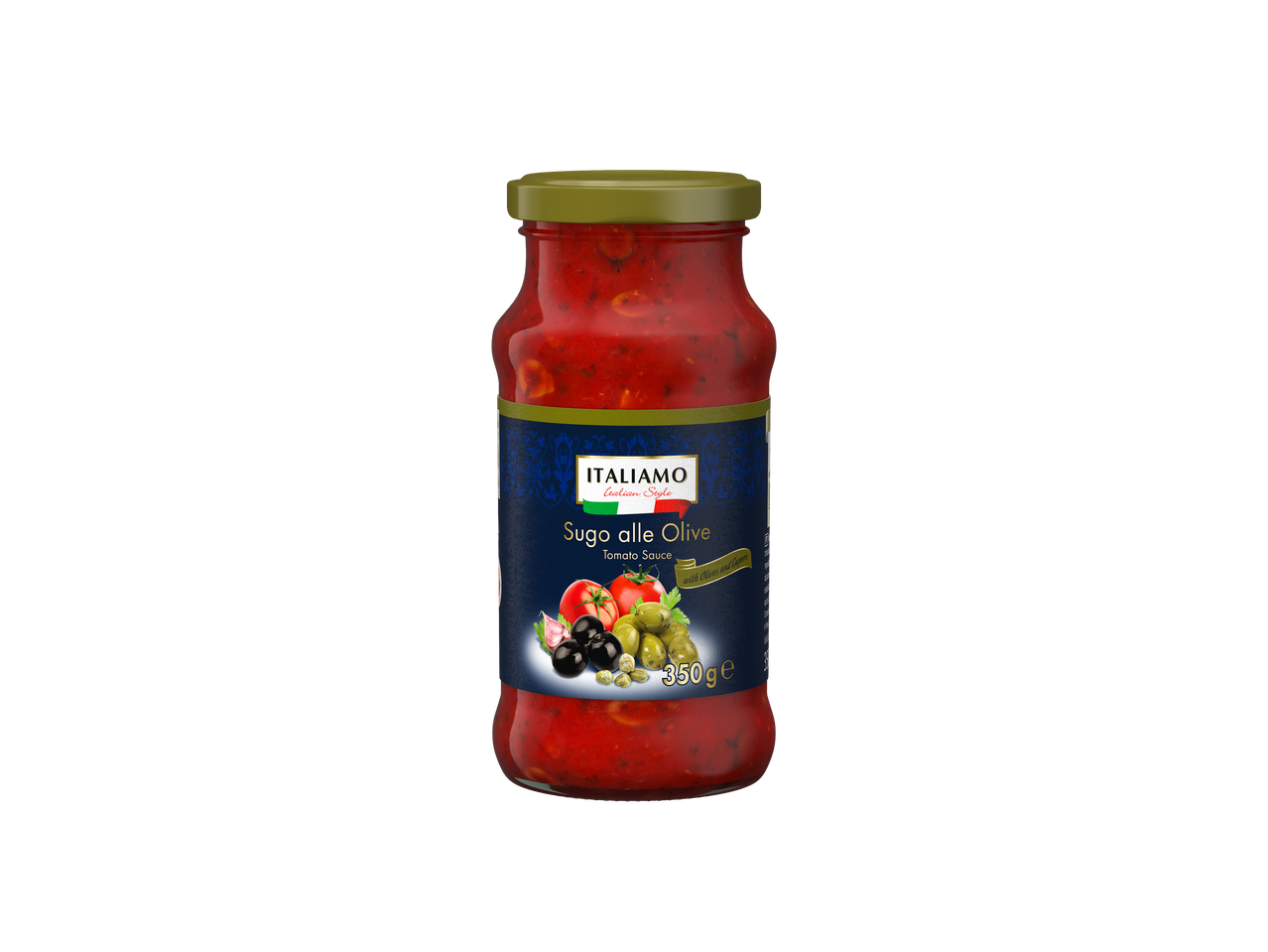 Um frasco de molho de tomate Italiano estilo Italiano Sugo alle Olive da Italamo.