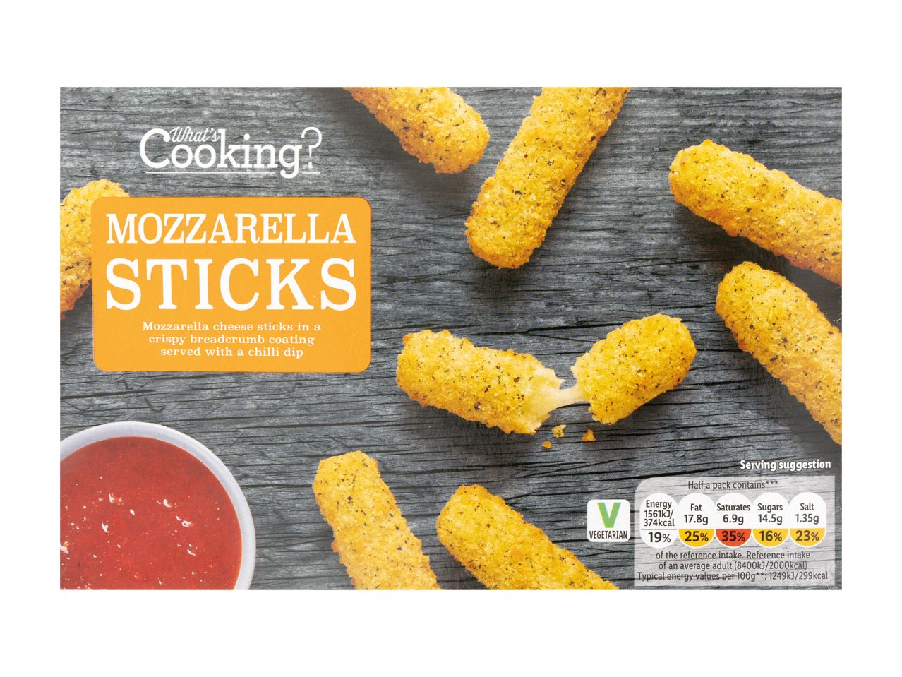 Mozzarella sticks with a chilli dip, showing nutritional information and a vegetarian label.