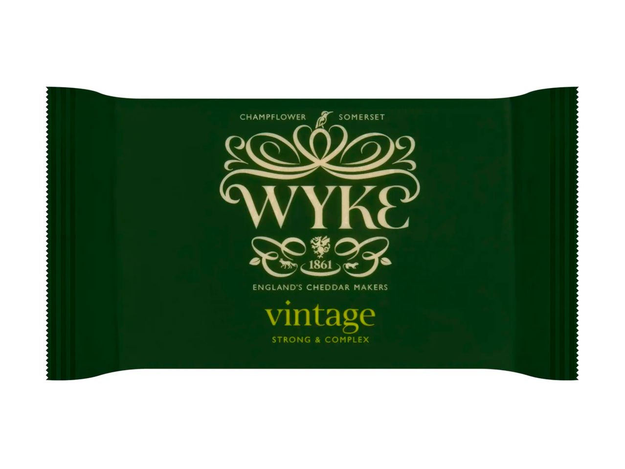 Dark green vintage cheddar cheese packaging with elegant gold lettering.
