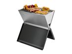 Portable grill with grilled skewers, corn on the cob, and chicken breast.