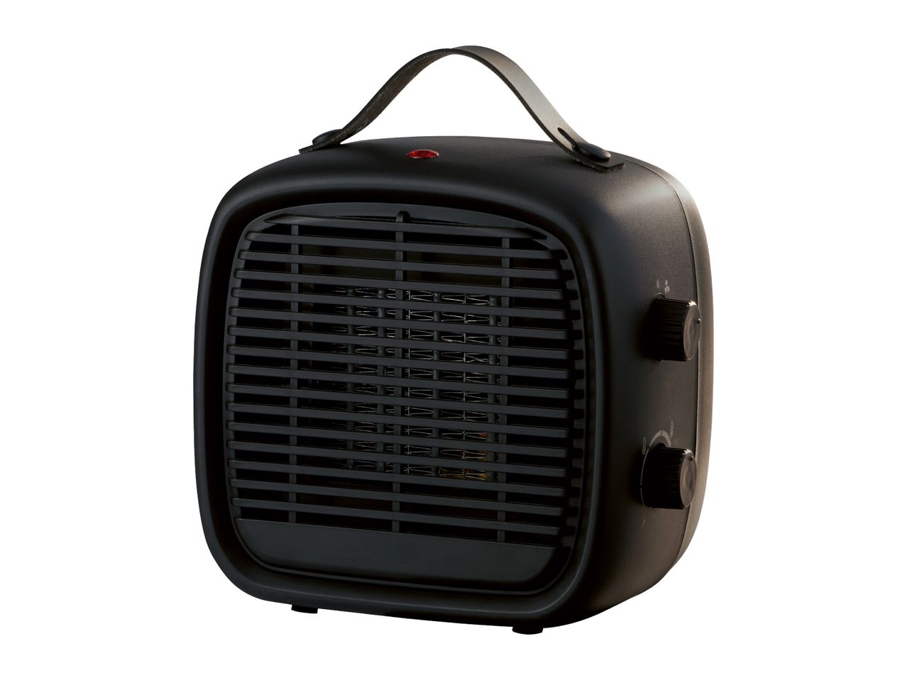 Black retro-style portable space heater with a carrying handle and control knobs