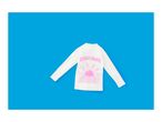 White long-sleeved rash guard with a pink 'SUNSET BEACH' graphic and sun/waves design.