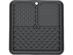 A dark gray silicone slow feeder pet mat with various textured surfaces.