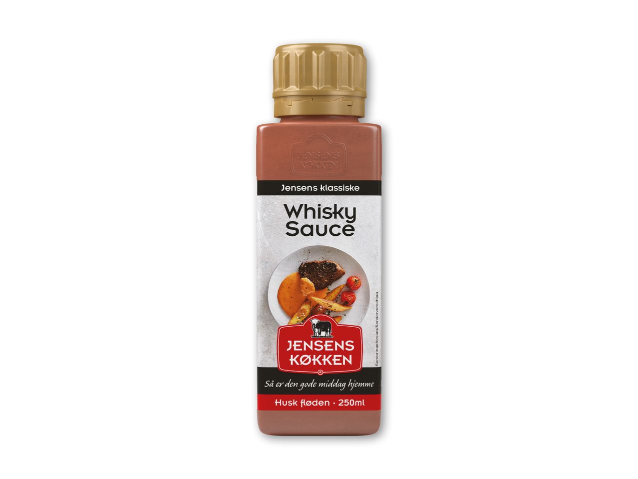 En flaske whiskysauce med et billede af en bøf og kartofler på etiketten.
