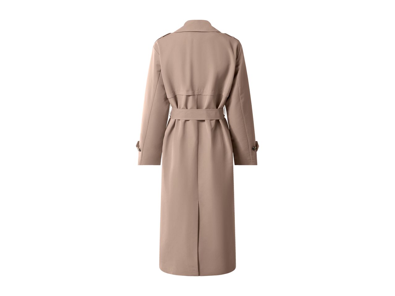 Back view of a long beige trench coat with a belt