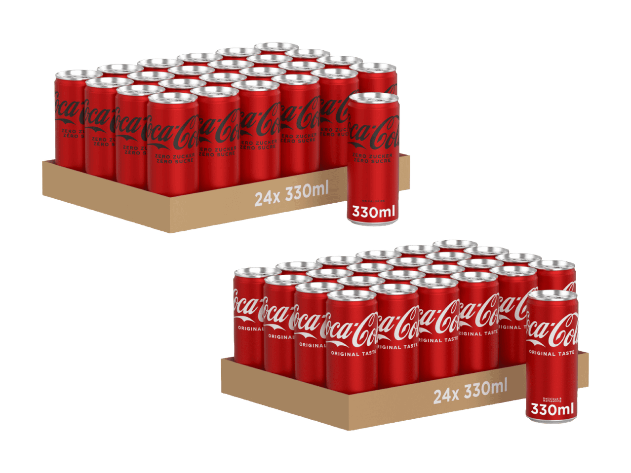 Zwei 24er-Packs Coca-Cola Zero und Coca-Cola Original Dosen à 330 ml.