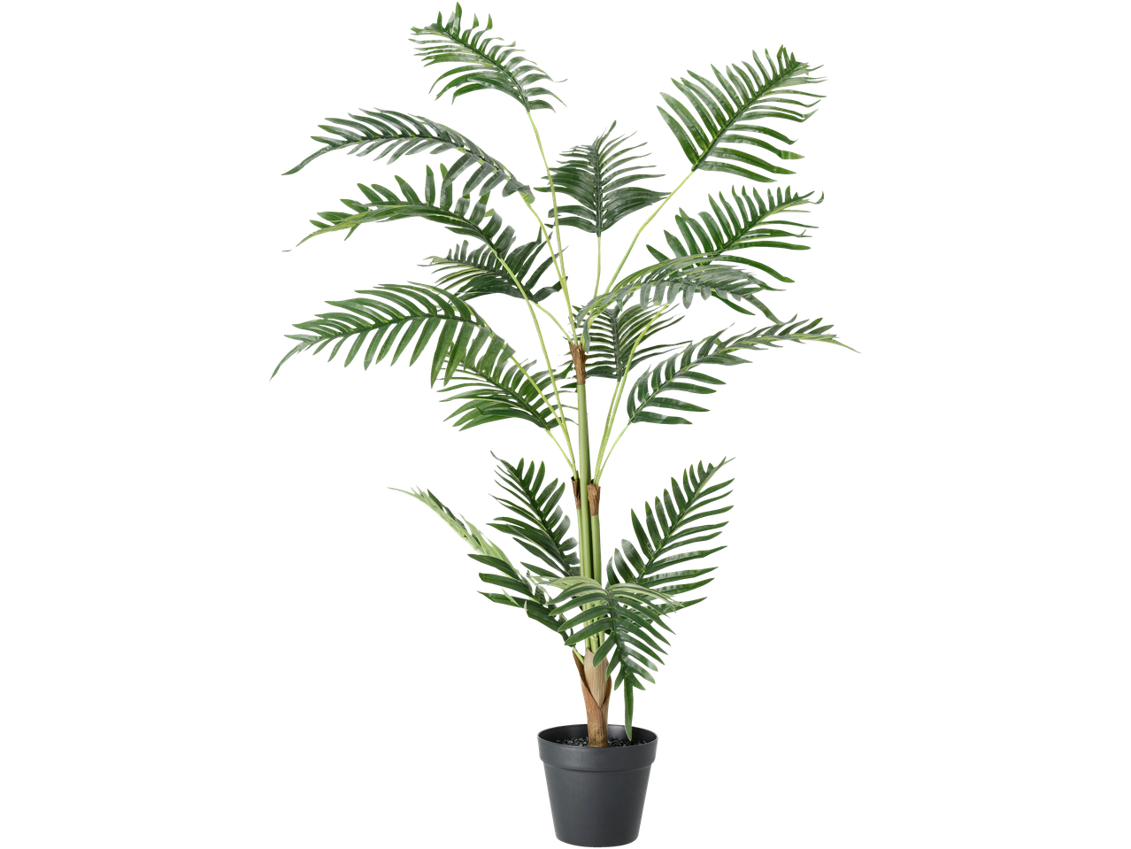Artificial palm plant in a black pot with dark green leaves
