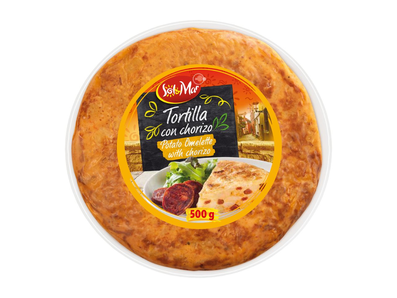 Round potato omelette with chorizo, featuring a label with a serving suggestion.