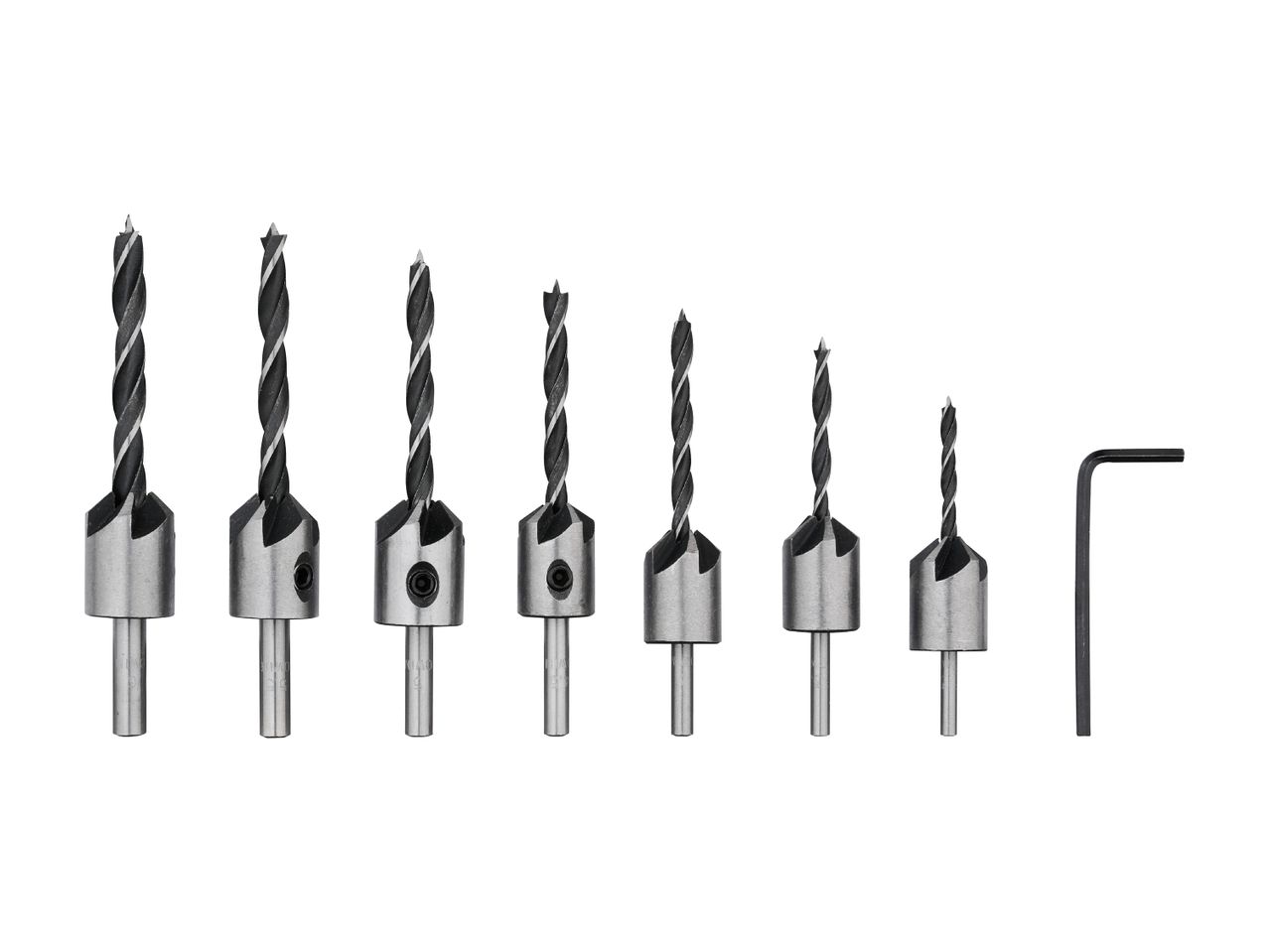 Set of seven countersink drill bits of varying sizes with an Allen key.