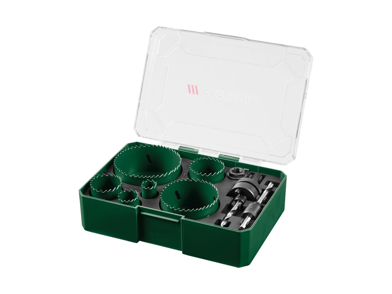 A green case with a clear lid holds a set of hole saws and drill bits.