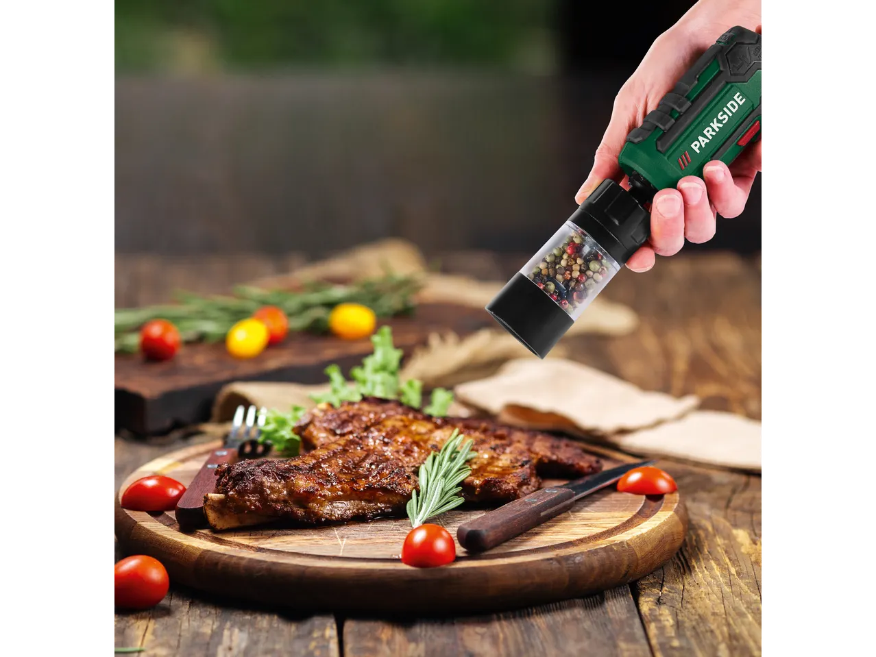 Parkside pepper grinder, grilled steak, cherry tomatoes.