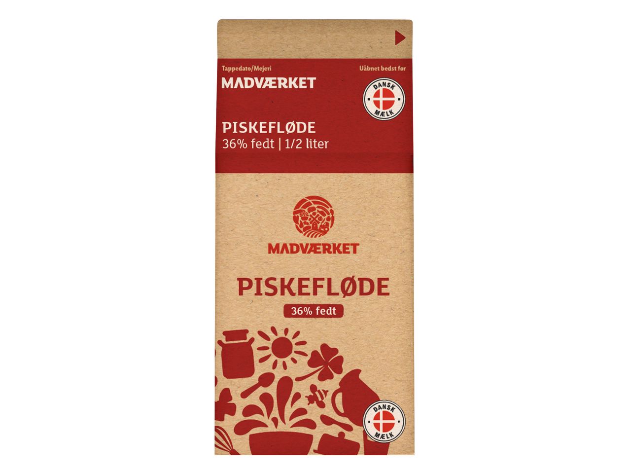 Madværket piskefløde 36% fedt, 1/2 liter, med Danish Mælk-mærke.