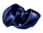 A dark blue, metallic-looking substance is sculpted into an abstract shape.